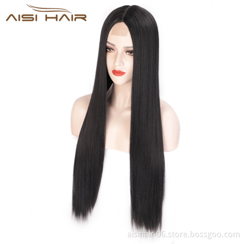 Aisi Hair 26 inch Natural Black Wig Long Silky Straight Lace Frontal Wig Middle Part Synthetic Front Lace Hair Wigs For Women
